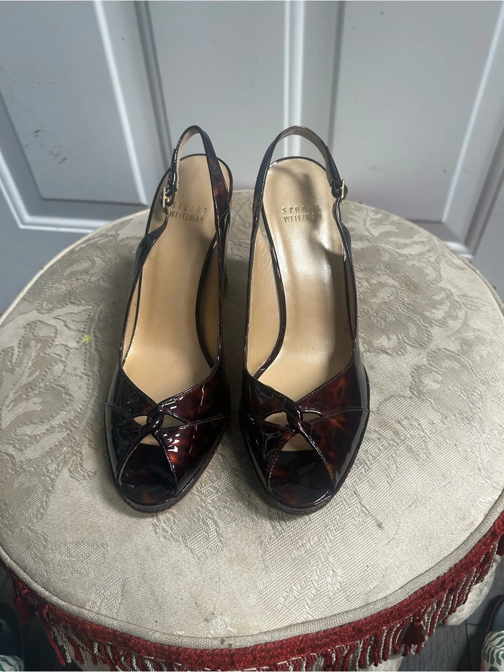 Stuart Weitzman  glossy tortoiseshell Patent leather  Peep-Toe Slingback Wedge - Picture 9 of 14